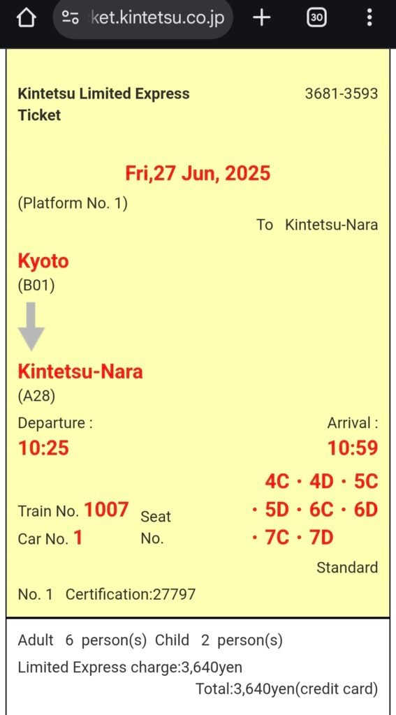 Digital train ticket confirmation for Kintetsu Limited Express from Kyoto to Kintetsu-Nara showing seat reservations and timing details.