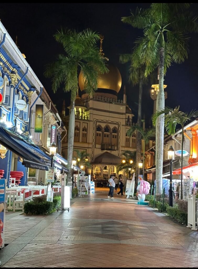 Night view of the golden dome of Sultan Mosque framed by palm trees and heritage shopfronts along Bussorah Street.